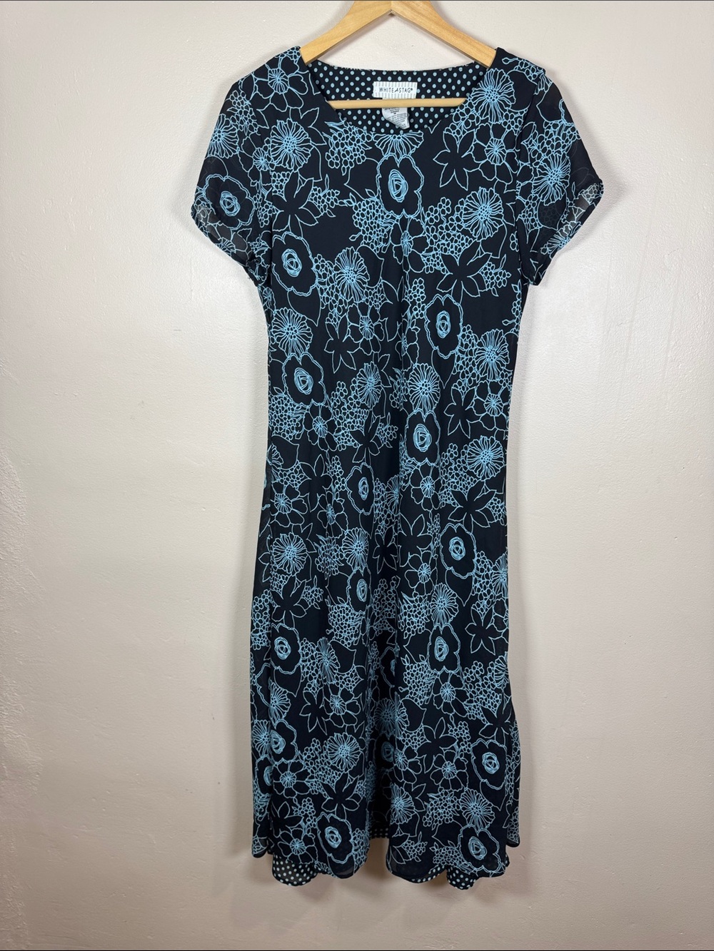 VTG 90s Womens White Stag Midi Dress Blue Floral Polka Dot Phoebe Friends